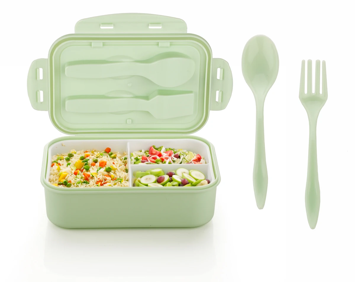 Lunch Box with Fork and Spoon 3 Compartment 1 Containers Plastic College Lunch Box – 1400ML.   
