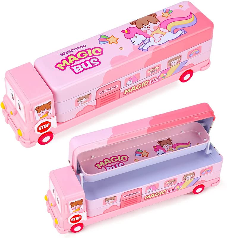 Unicorn Bus Metal Dual Compartment Pencil Box with Sharpener for Boys and Girls Perfect for Children Gifting