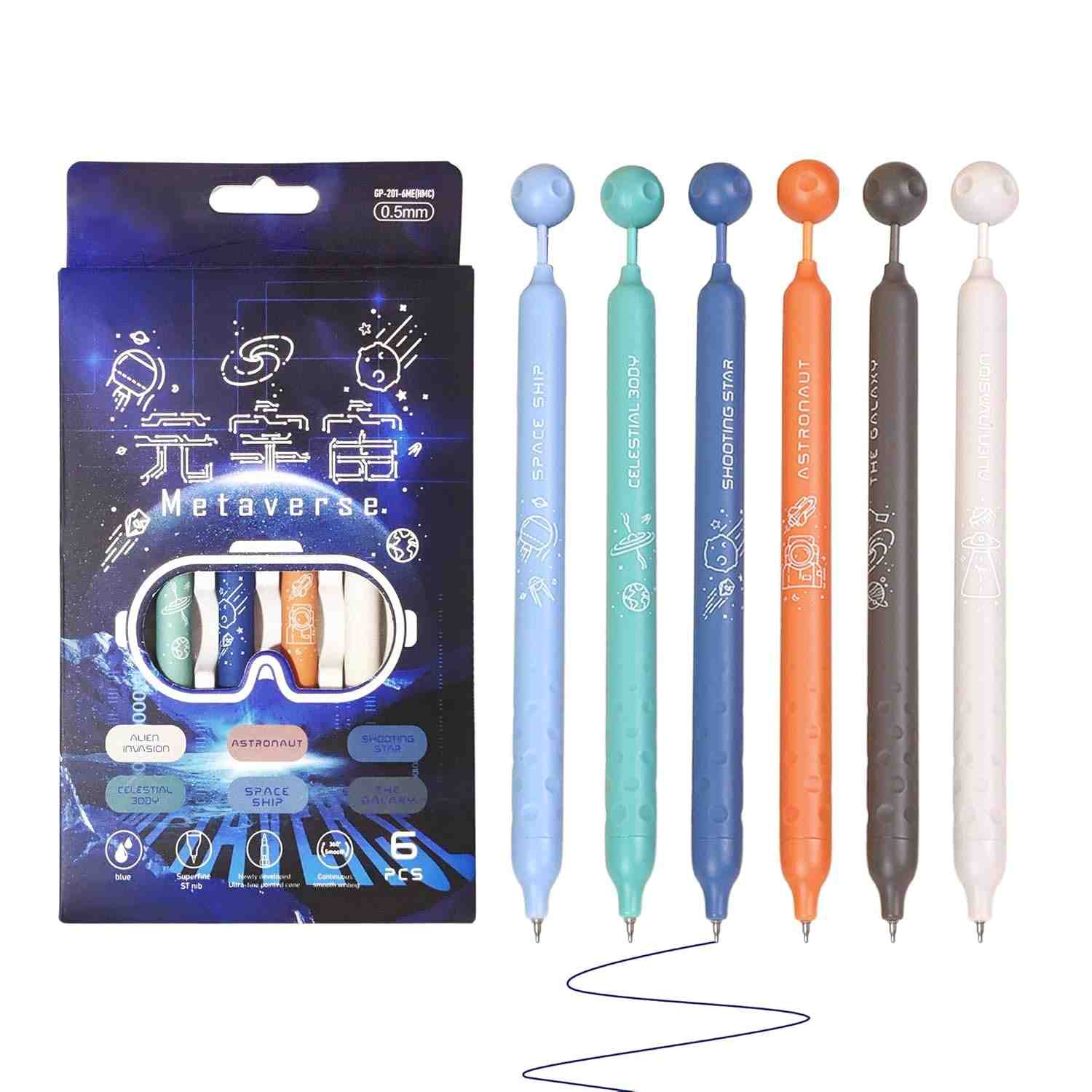 Metaverse Gel Pen – Pack of 6 Smooth Writing Blue Ink Pens, 0.5 mm Fine Tip Gel Pens for Office, School.