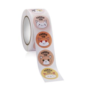 Cute Cat Reward 500 Pcs Thank You Cat Watercolor Sticker Round,Cat Adhesive Sticker for Return Gift