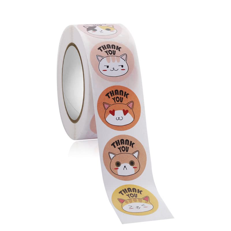 Cute Cat Reward 500 Pcs Thank You Cat Watercolor Sticker Round,Cat Adhesive Sticker for Return Gift