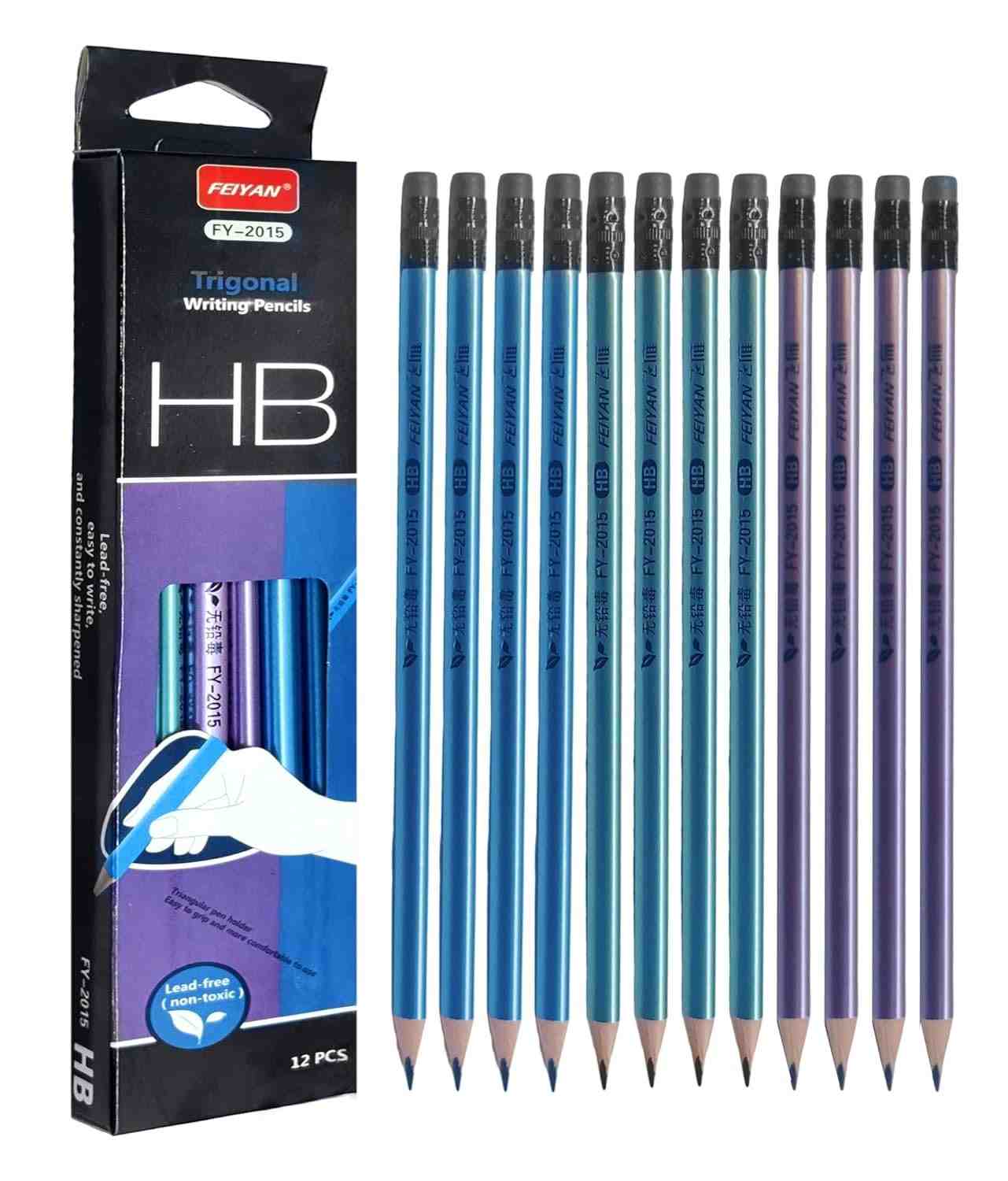 Triangular HB Pencils for Kids, Eraser on the Top Pencil for Children, Kawaii Pencil (Set of 12, Multicolor)