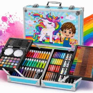 145 Piece Art Kit Unicorn Theme Drawing & Colouring Set For Kids | Colour Pencil, Oil Paster, Paint Brushes Included