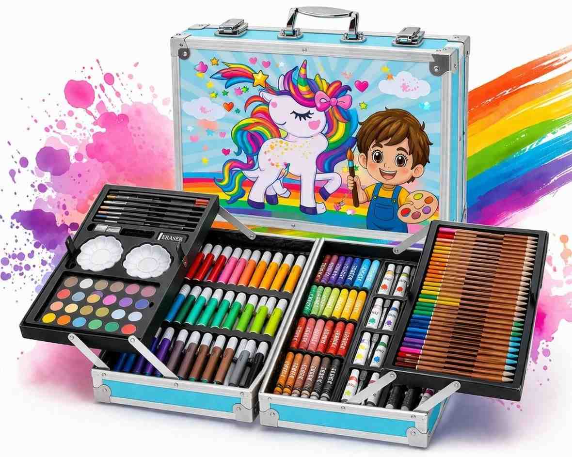 145 Piece Art Kit Unicorn Theme Drawing & Colouring Set For Kids | Colour Pencil, Oil Paster, Paint Brushes Included